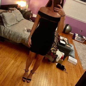 BEBE Mesh inset off the shoulder dress